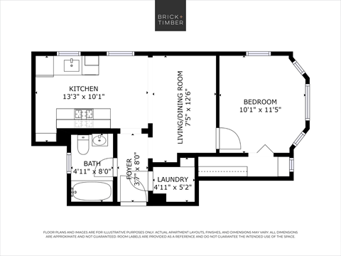 Floor plan for 1 bed, 1 bath, 500 sqft